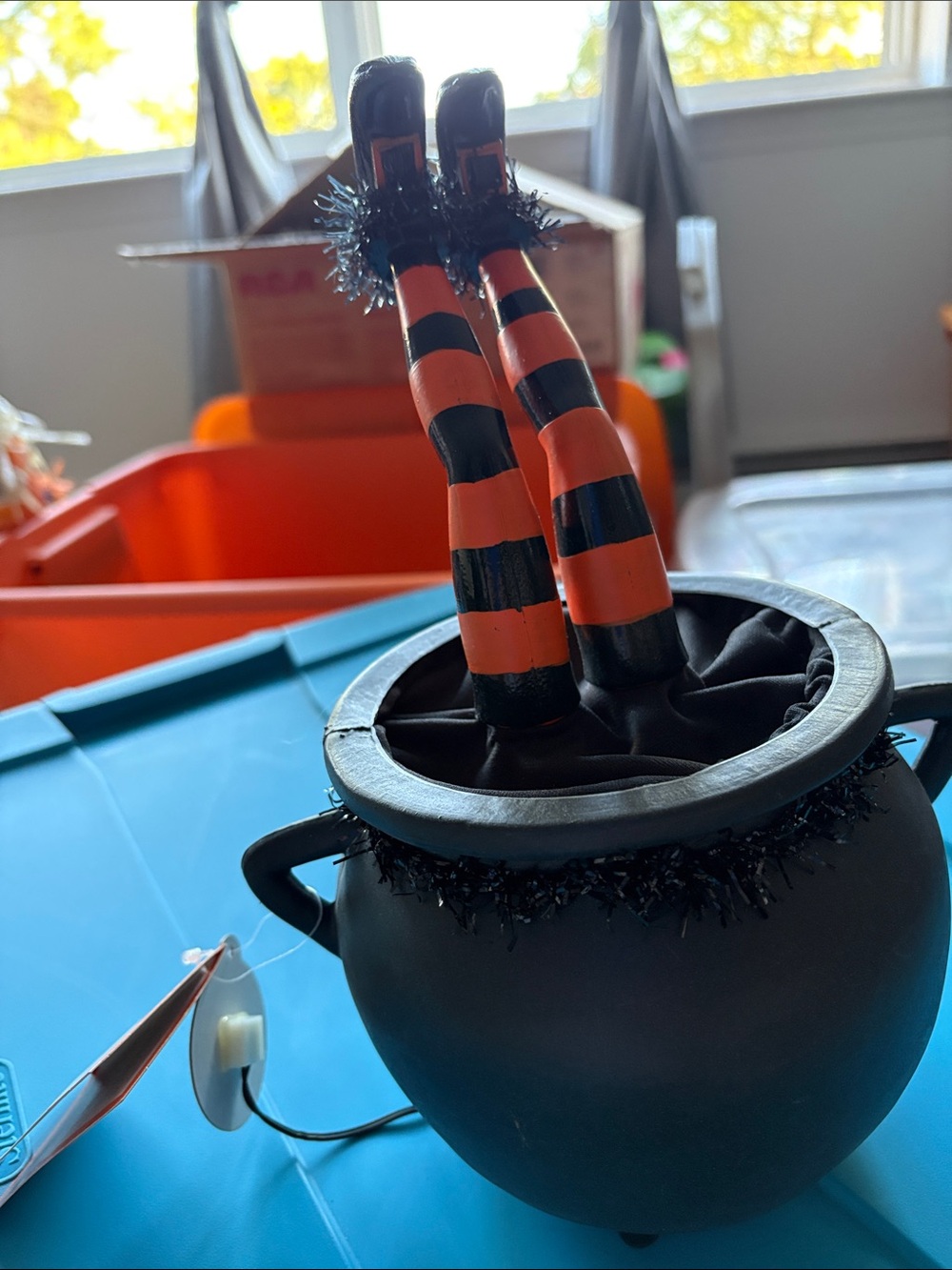Striped Witch Leg Cauldron Halloween Accent - Black and Orange